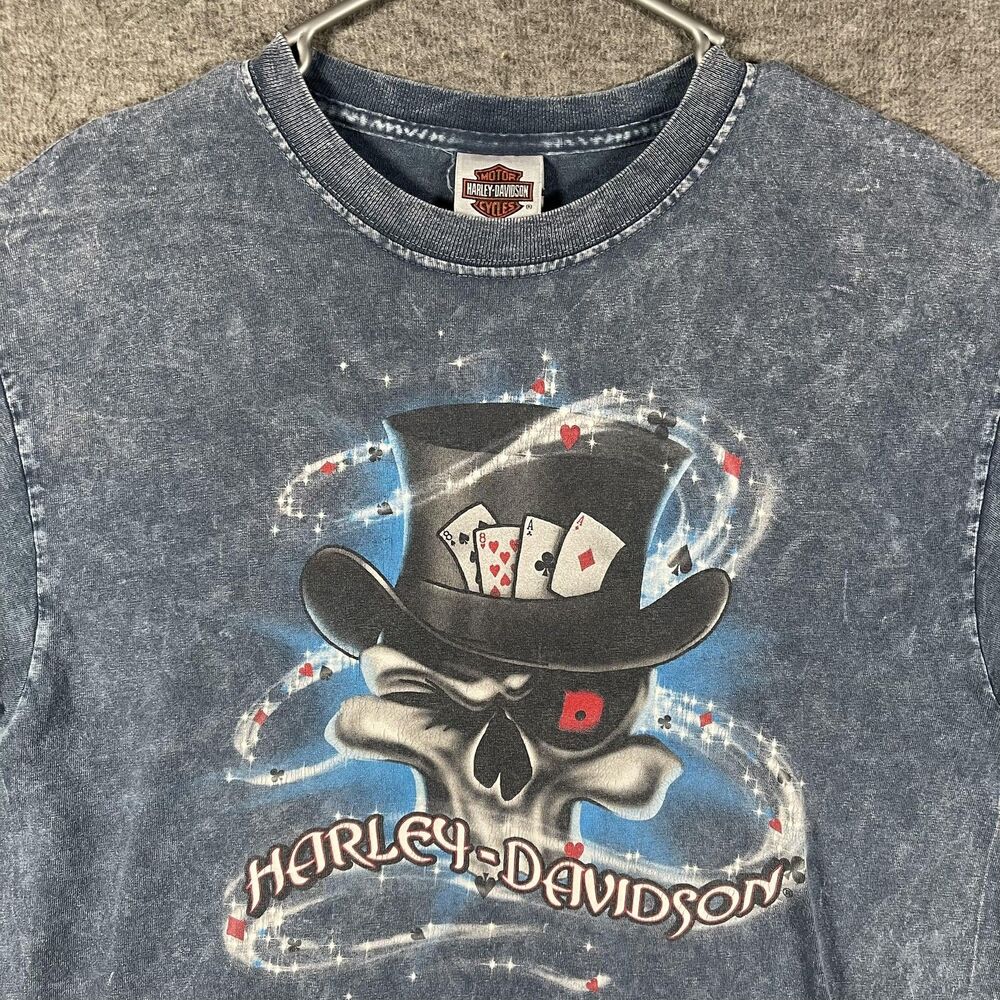 Harley-Davidson Shirt Mens Medium Blue Skull Poker Marion IL Black Diamond Tee
